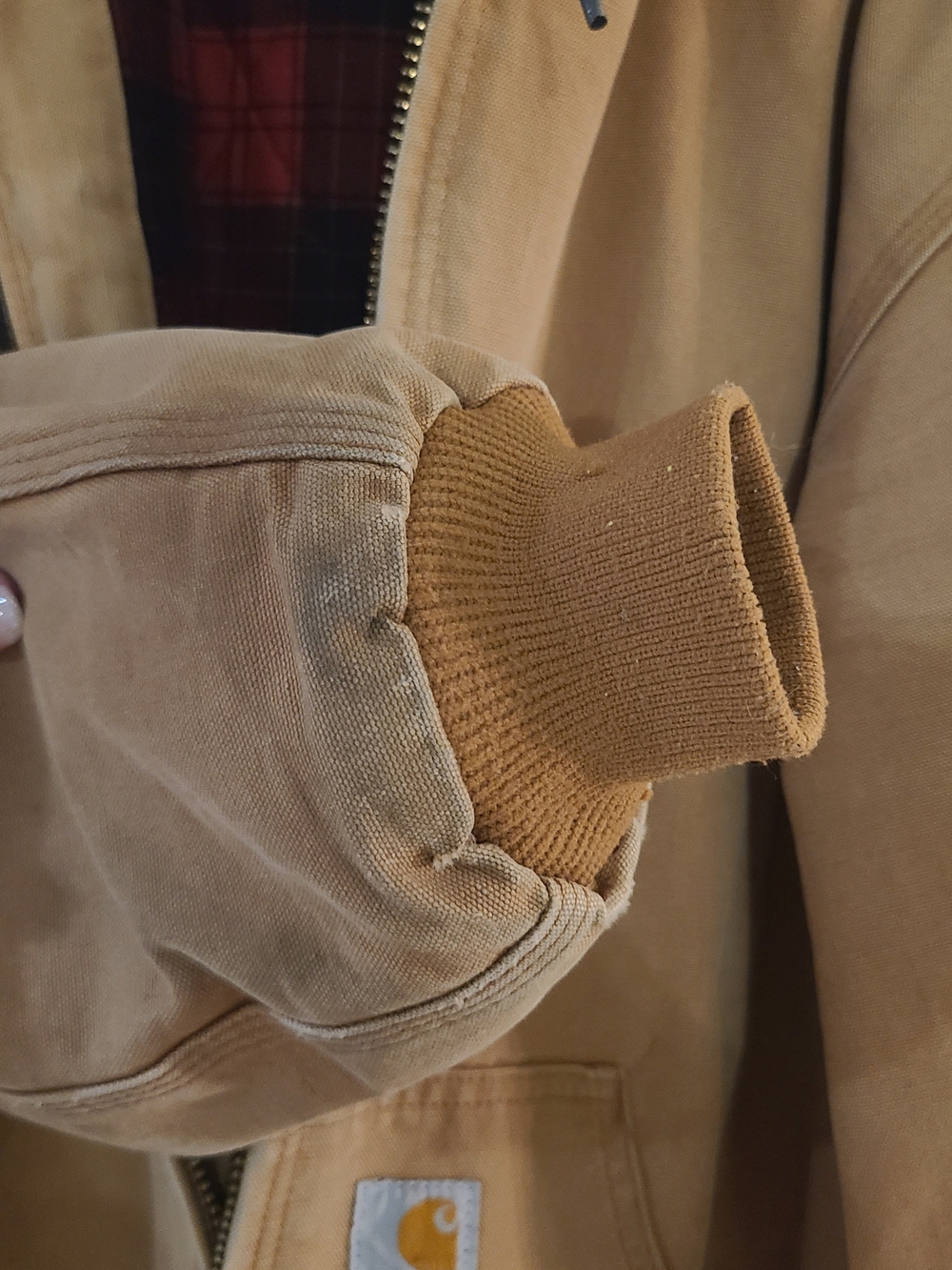 Carhartt Tan Hooded Work Jacket with Red Plaid Lining - Picture 8 of 8